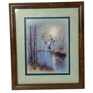 Ducks in Flight Wildfowl Mallard Framed Matted Signed Andres Orpinas 11.5" x 13"